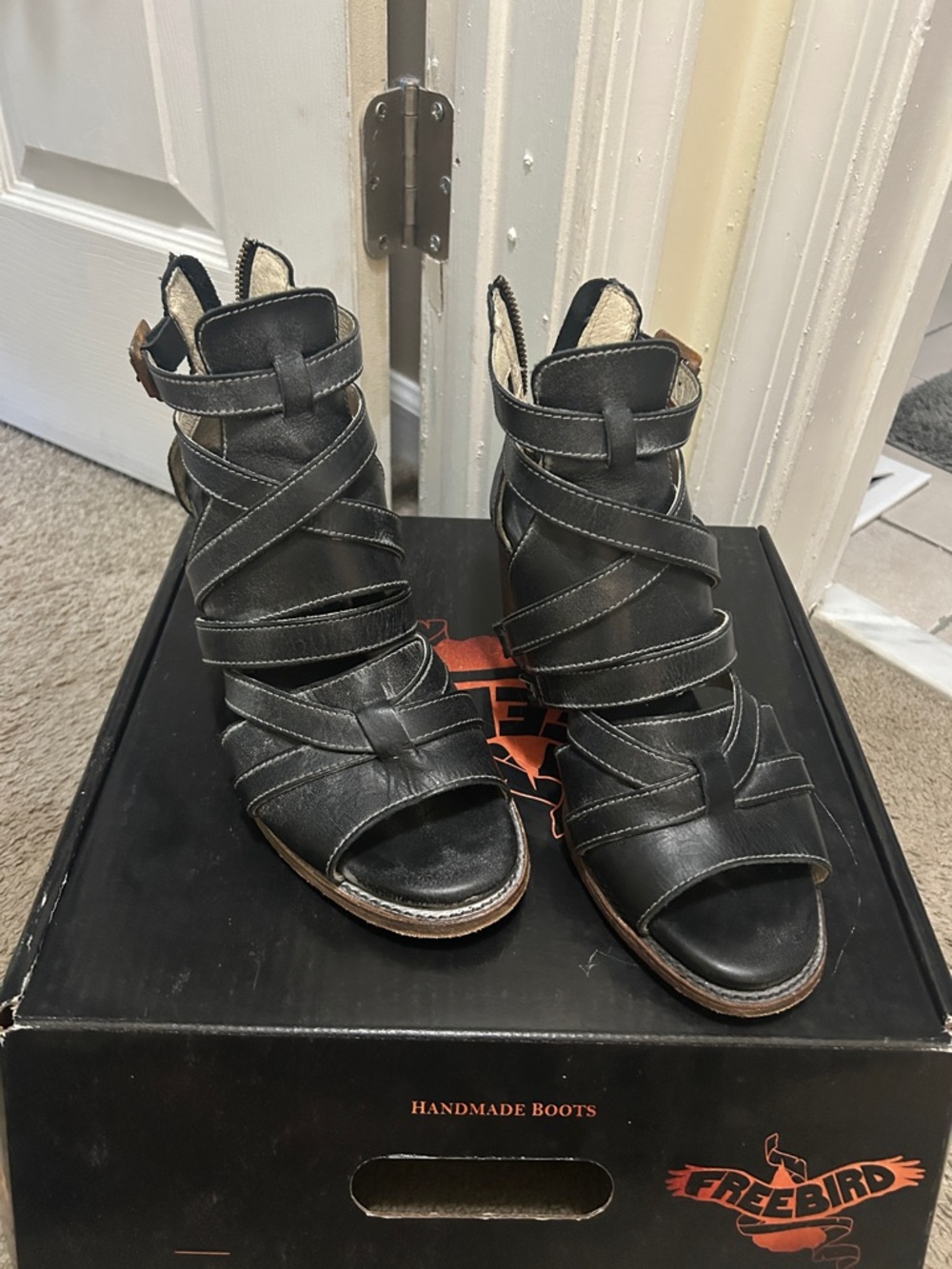 Freebird by Steven Black Strappy Leather Open-Toe Heel Sandal, CLAW SZ 9
